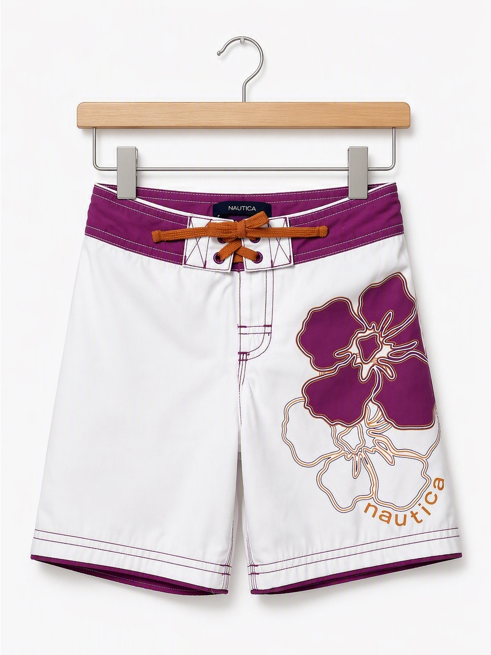 Vintage Y2K Nautica White Plum Purple Hibiscus Floral Surf Board Shorts Swim 4Y